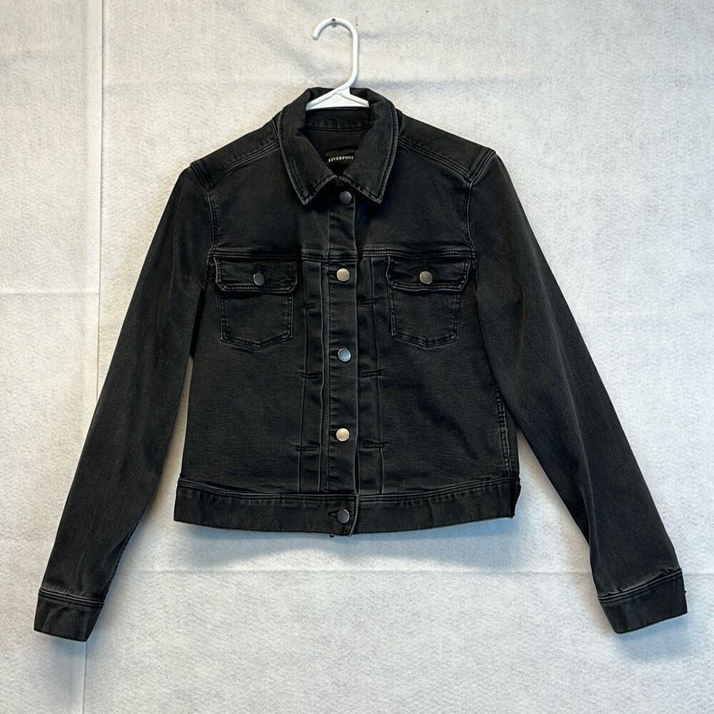 LIVERPOOL Jean Jacket Womens Small Black Carbon Wash Denim Button Front Classic‎